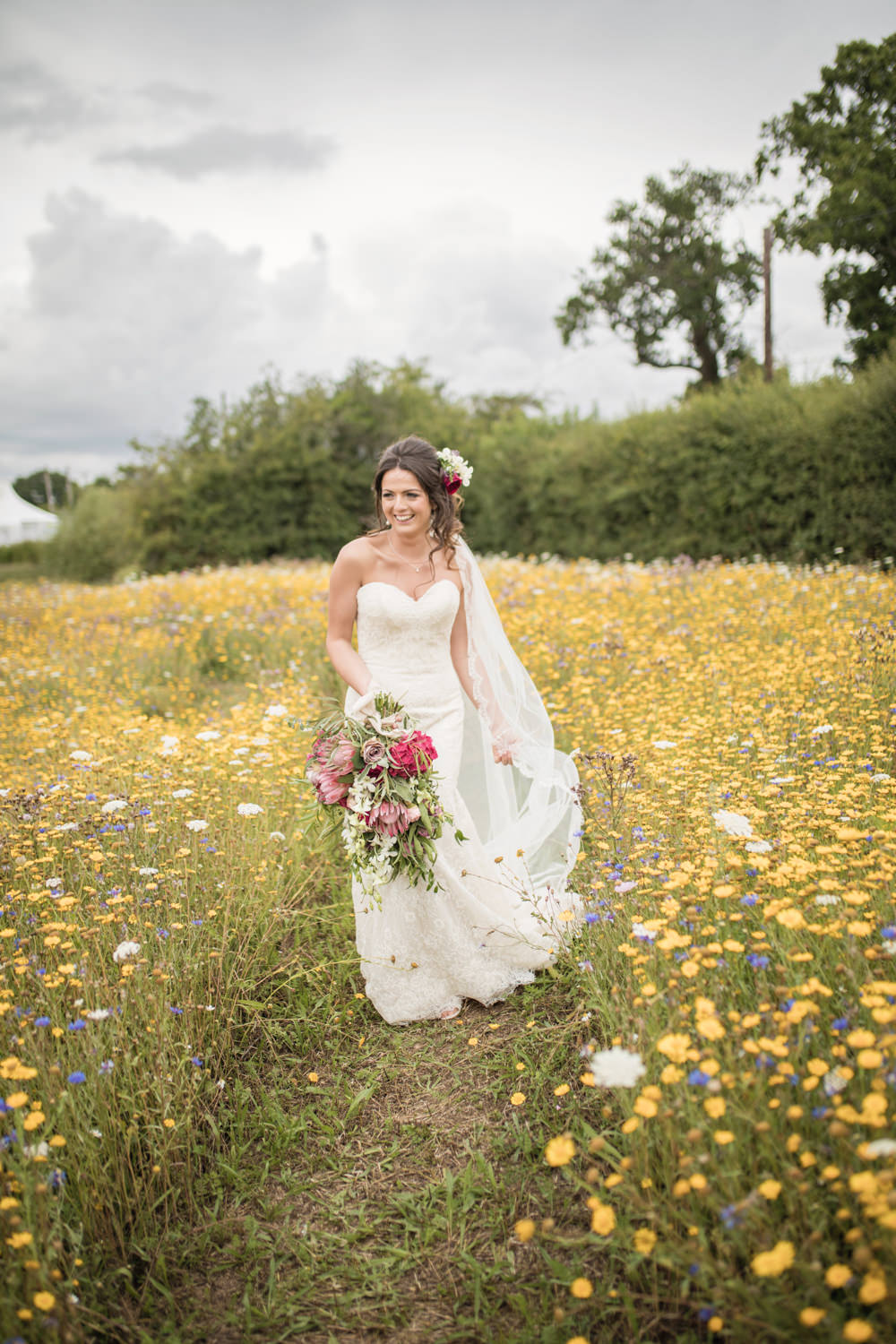 Bride Bridal Lace Dress Gown Strapless Sweetheart Train Veil House Meadow Wedding Kerry Ann Duffy Photography