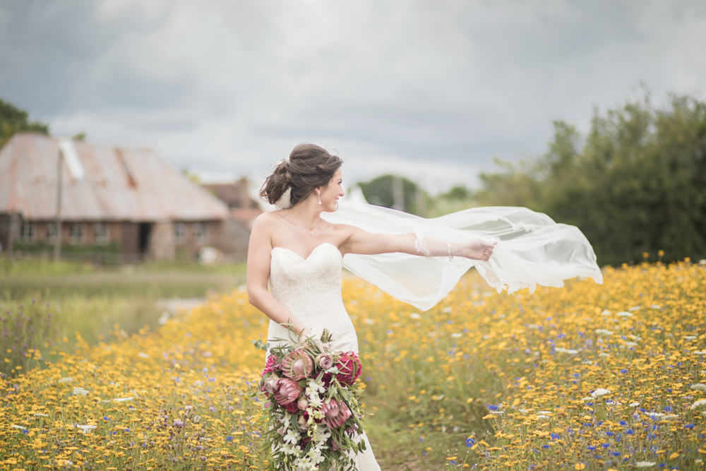 Bride Bridal Lace Dress Gown Strapless Sweetheart Train Veil House Meadow Wedding Kerry Ann Duffy Photography
