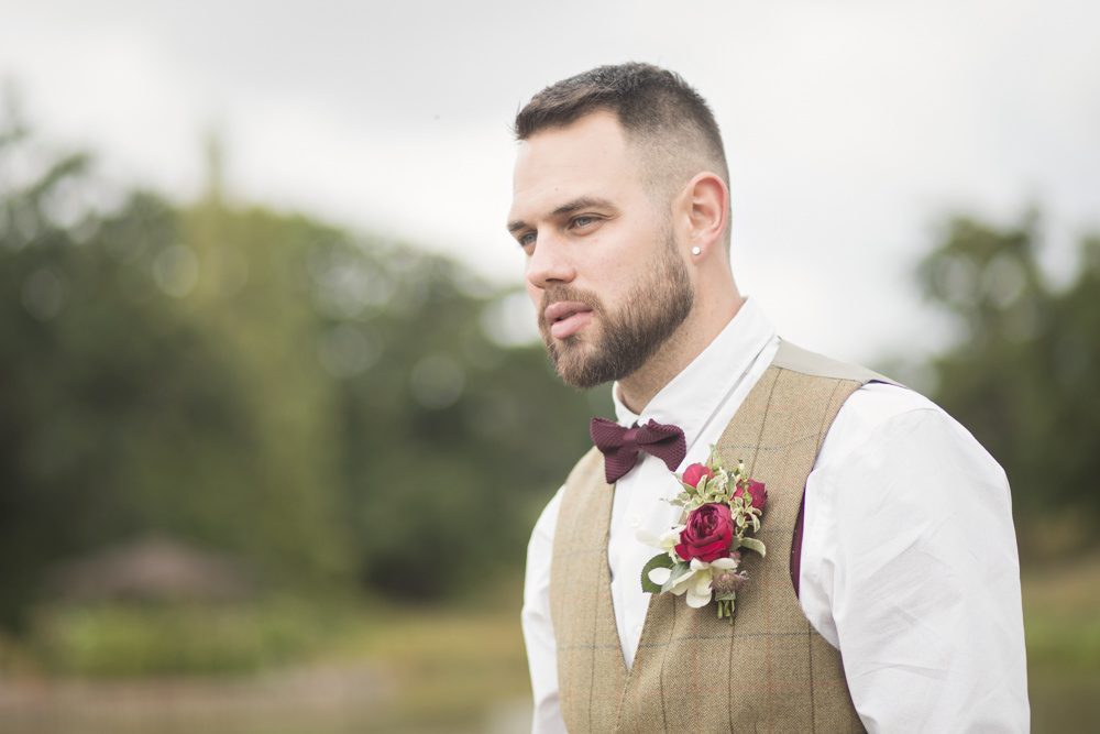 Groom Tweed Waistcoat Red Bow Tie Brown Check Country Suit House Meadow Wedding Kerry Ann Duffy Photography