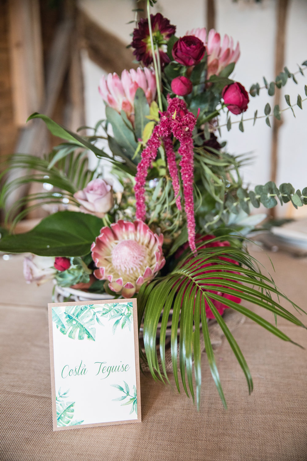 Flowers Table Name Tropical Centrepiece Protea Rose House Meadow Wedding Kerry Ann Duffy Photography