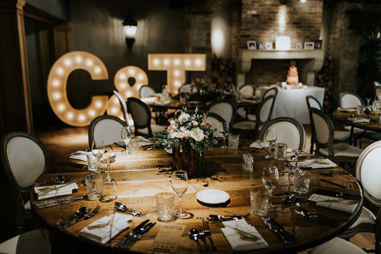 Light Up Circus Letters Foliage Floral Rose Table Centre Le Petit Chateau Wedding Chris Randle Photography