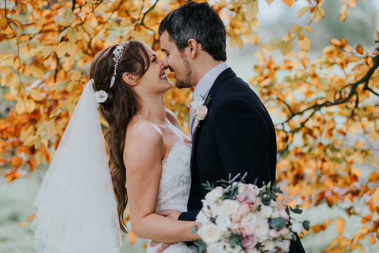 Bride Bridal Headpiece Veil Sweetheart Neckline Dress Gown Black Grey Waistcoat Suit Groom Pink Rose Bouquet Le Petit Chateau Wedding Chris Randle Photography