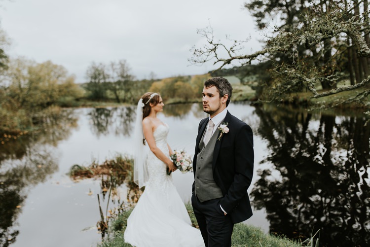 Bride Bridal Headpiece Veil Sweetheart Neckline Dress Gown Black Grey Waistcoat Suit Groom Pink Rose Bouquet Le Petit Chateau Wedding Chris Randle Photography