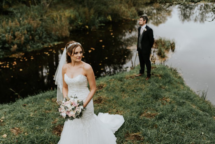 Bride Bridal Headpiece Veil Sweetheart Neckline Dress Gown Black Grey Waistcoat Suit Groom Pink Rose Bouquet Le Petit Chateau Wedding Chris Randle Photography