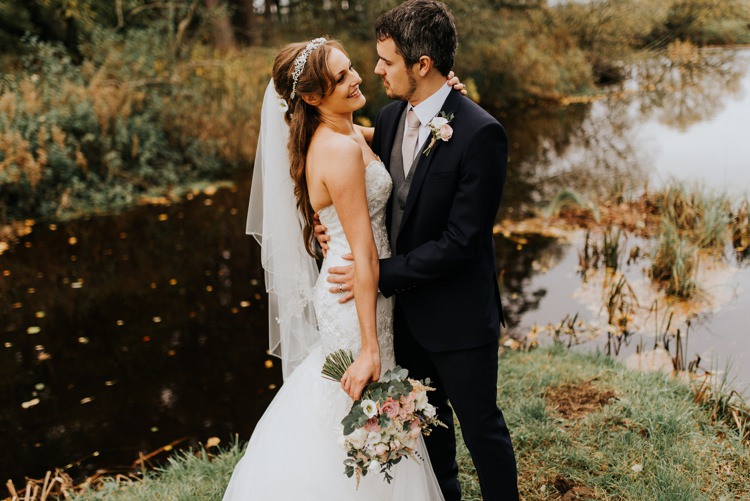 Bride Bridal Headpiece Veil Sweetheart Neckline Dress Gown Black Grey Waistcoat Suit Groom Pink Rose Bouquet Le Petit Chateau Wedding Chris Randle Photography