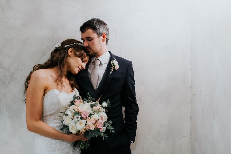 Bride Bridal Headpiece Veil Sweetheart Neckline Dress Gown Black Grey Waistcoat Suit Groom Pink Rose Bouquet Le Petit Chateau Wedding Chris Randle Photography