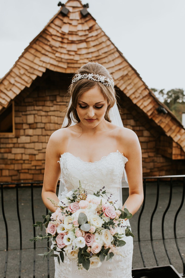 Bride Bridal Bouquet Pink Blush White Rose Eucalyptus Headpiece Veil Sweetheart Neckline Dress Gown Le Petit Chateau Wedding Chris Randle Photography