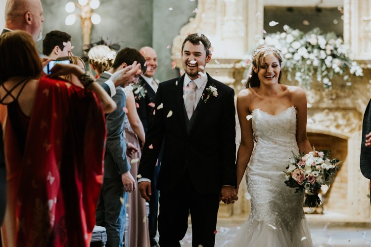 Bride Bridal Headpiece Veil Sweetheart Neckline Dress Gown Black Grey Waistcoat Suit Groom Confetti Le Petit Chateau Wedding Chris Randle Photography