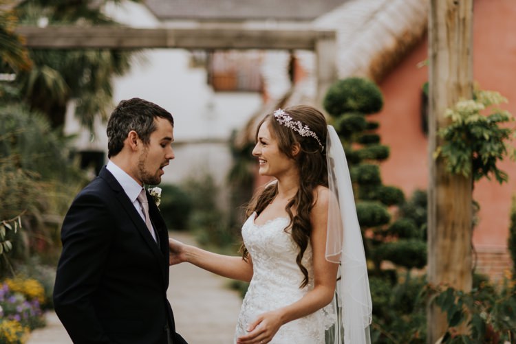 Bride Bridal Headpiece Veil Sweetheart Neckline Dress Gown Black Grey Waistcoat Suit Groom First Look Le Petit Chateau Wedding Chris Randle Photography