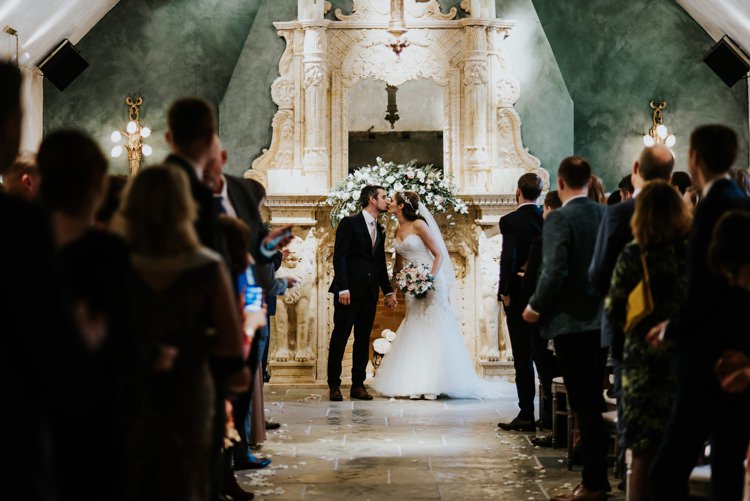 Bride Bridal Headpiece Veil Sweetheart Neckline Dress Gown Black Grey Waistcoat Suit Groom Le Petit Chateau Wedding Chris Randle Photography