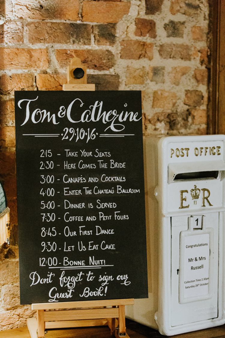 Timeline Chalk Board Modern Calligraphy White Post Box Le Petit Chateau Wedding Chris Randle Photography