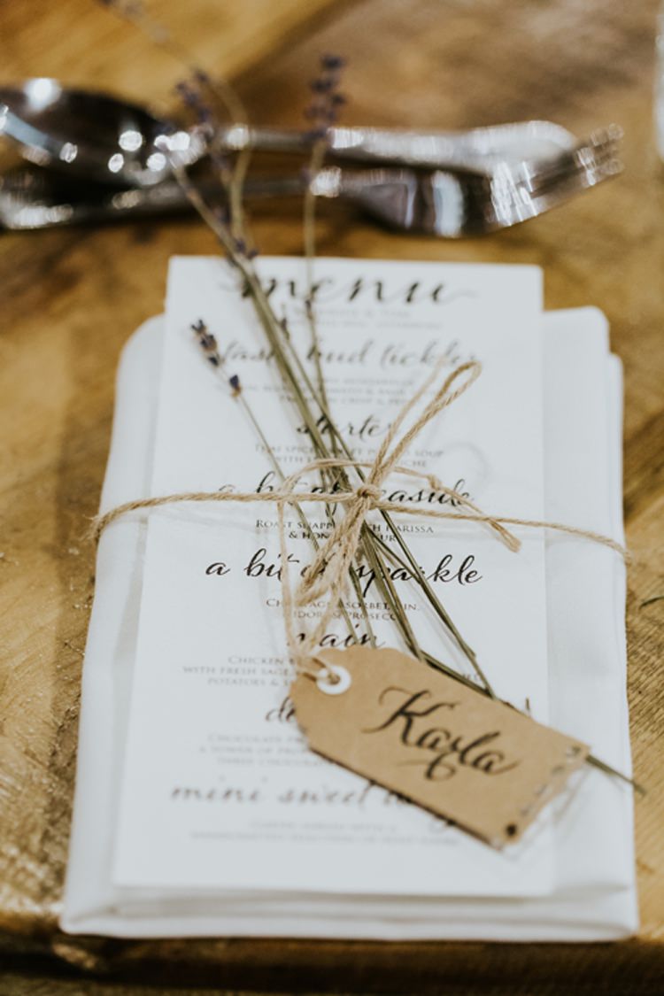 Menu Lavender Twine Luggage Tag Rustic Place Setting Le Petit Chateau Wedding Chris Randle Photography
