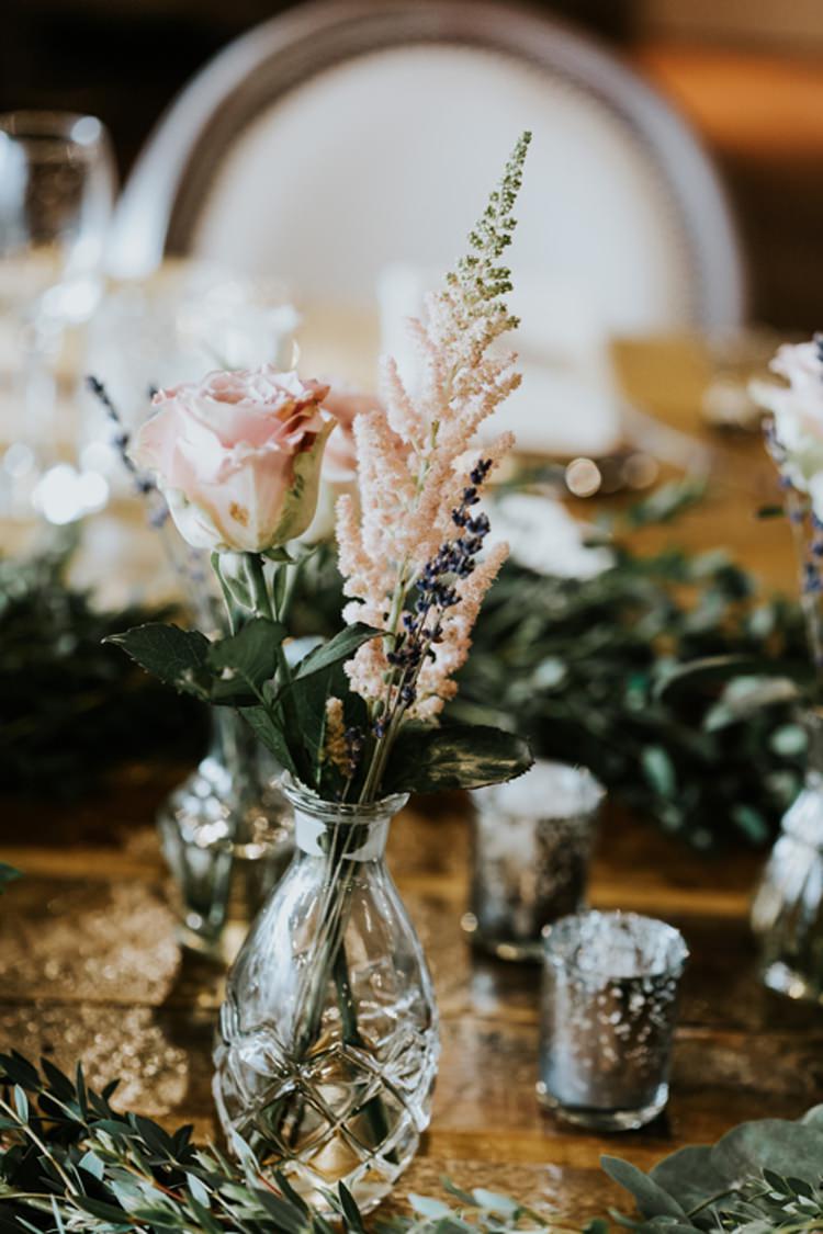 Cut Glass Bud Vase Pink Rose Foliage Runner Le Petit Chateau Wedding Chris Randle Photography