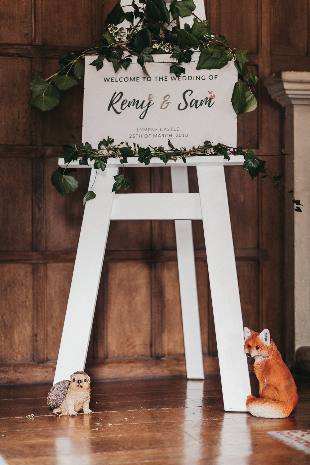 Welcome Sign Modern Calligraphy Easel Foliage Ivy Lympne Castle Wedding Kev Elkins Photography