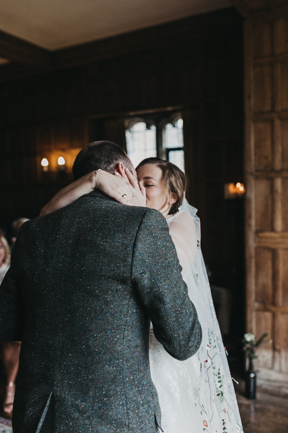 Bride Bridal Lace Strappy Dress Veil Gown Tweed Suit Groom Lympne Castle Wedding Kev Elkins Photography