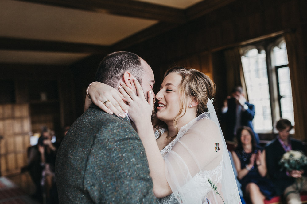 Bride Bridal Lace Strappy Dress Floral Veil Gown Tweed Suit Groom Lympne Castle Wedding Kev Elkins Photography