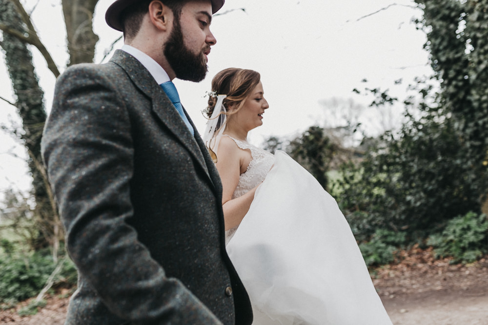 Bride Bridal Lace Strappy Dress Veil Gown Tweed Suit Groom Hat Lympne Castle Wedding Kev Elkins Photography