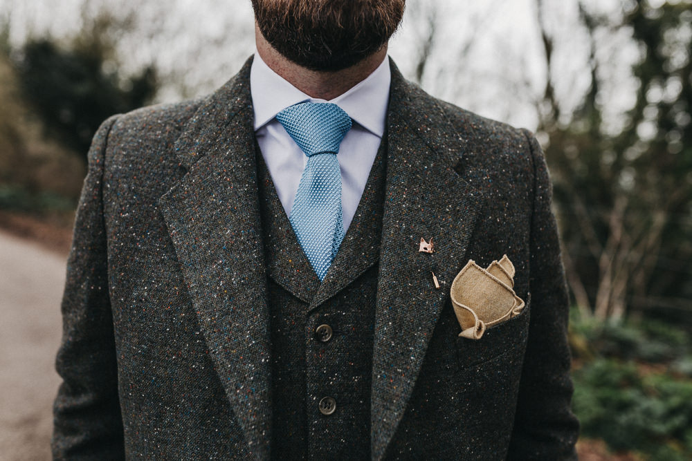 Tweed Suit Groom Blue Tie Three Piece Waistcoat Pocket Square Lympne Castle Wedding Kev Elkins Photography