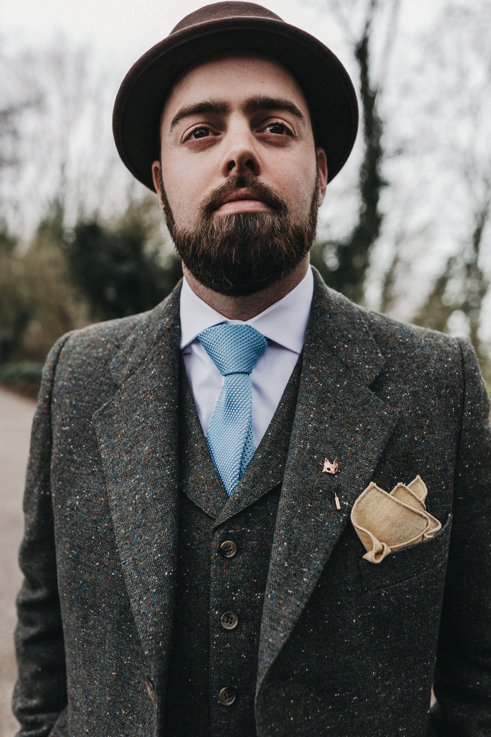 Tweed Suit Groom Blue Tie Three Piece Waistcoat Hat Pocket Square Lympne Castle Wedding Kev Elkins Photography