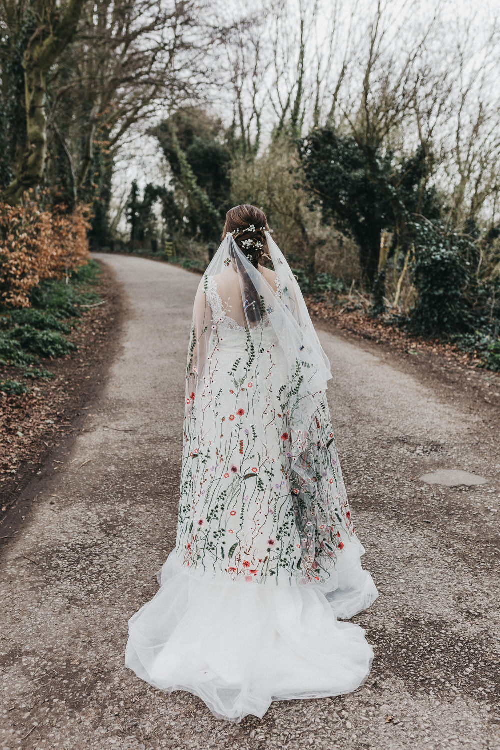 Bride Bridal Strappy Dress Lace Floral Veil Plait Gypsophila Lympne Castle Wedding Kev Elkins Photography