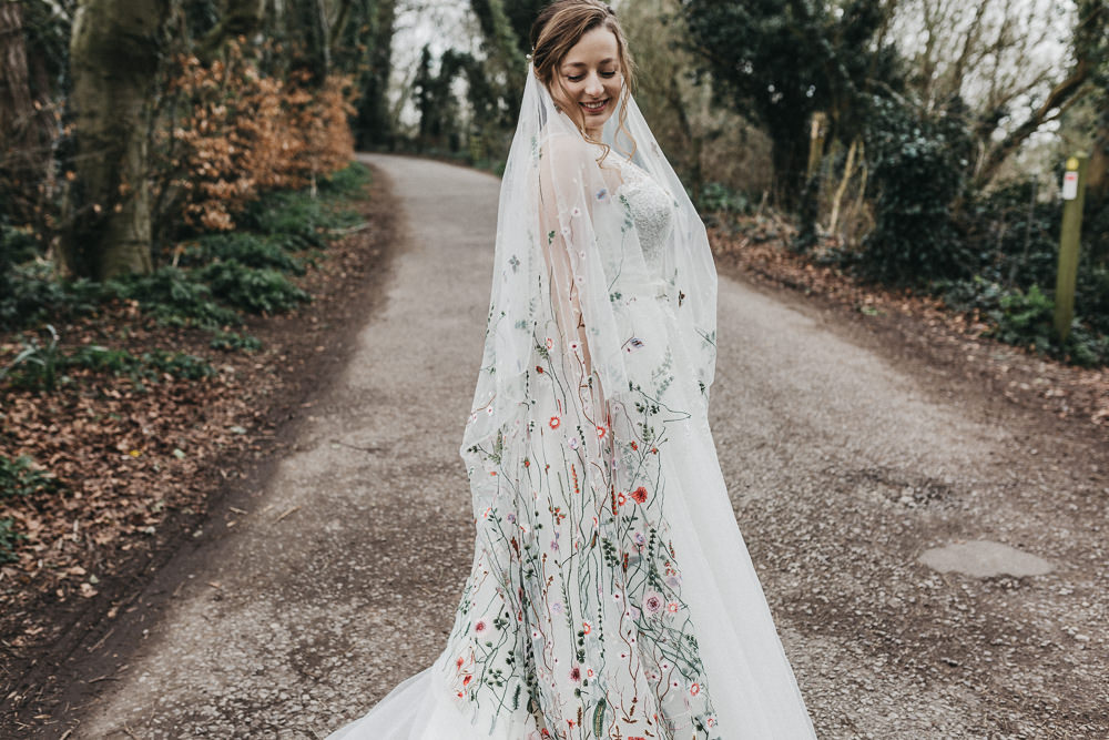 Bride Bridal Strappy Dress Lace Floral Veil Plait Gypsophila Lympne Castle Wedding Kev Elkins Photography