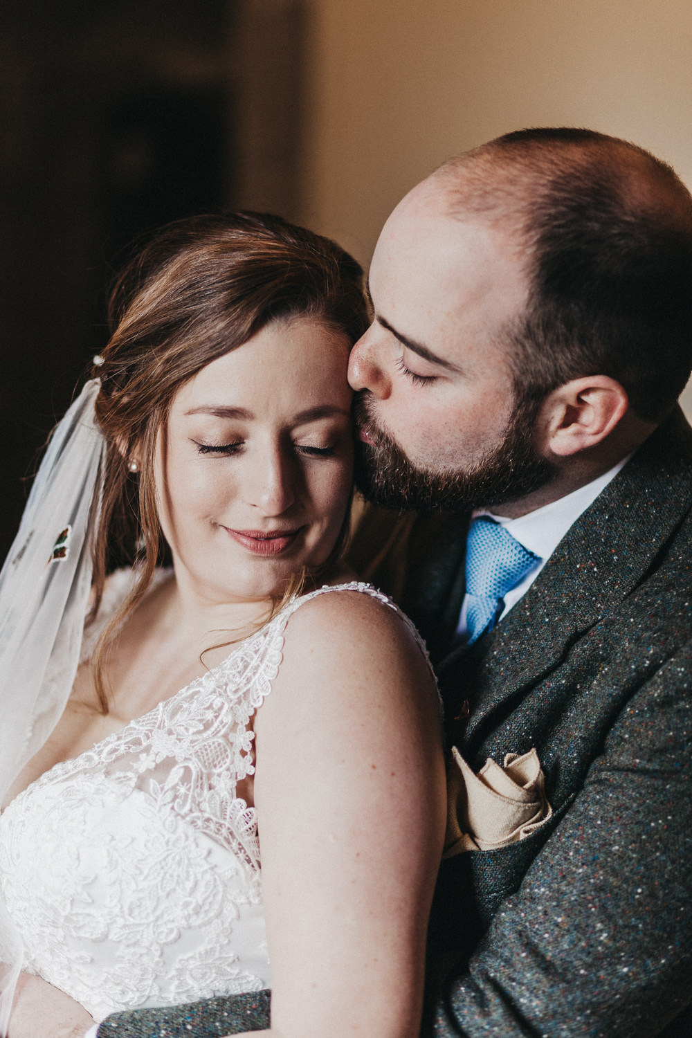 Bride Bridal Strappy Dress Lace Floral Veil Lympne Castle Wedding Kev Elkins Photography