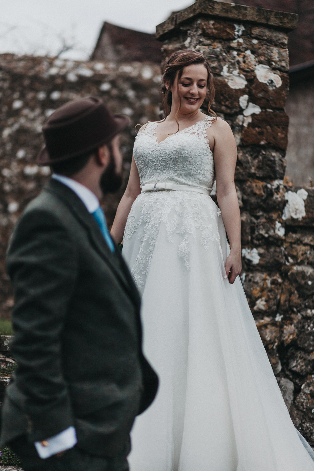 Bride Bridal Strappy Dress Lace Plait Gypsophila Lympne Castle Wedding Kev Elkins Photography