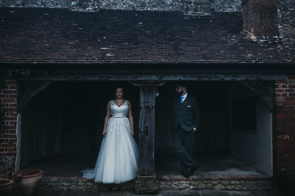 Bride Bridal Strappy Dress Lace Tweed Suit Groom Three Piece Waistcoat Lympne Castle Wedding Kev Elkins Photography