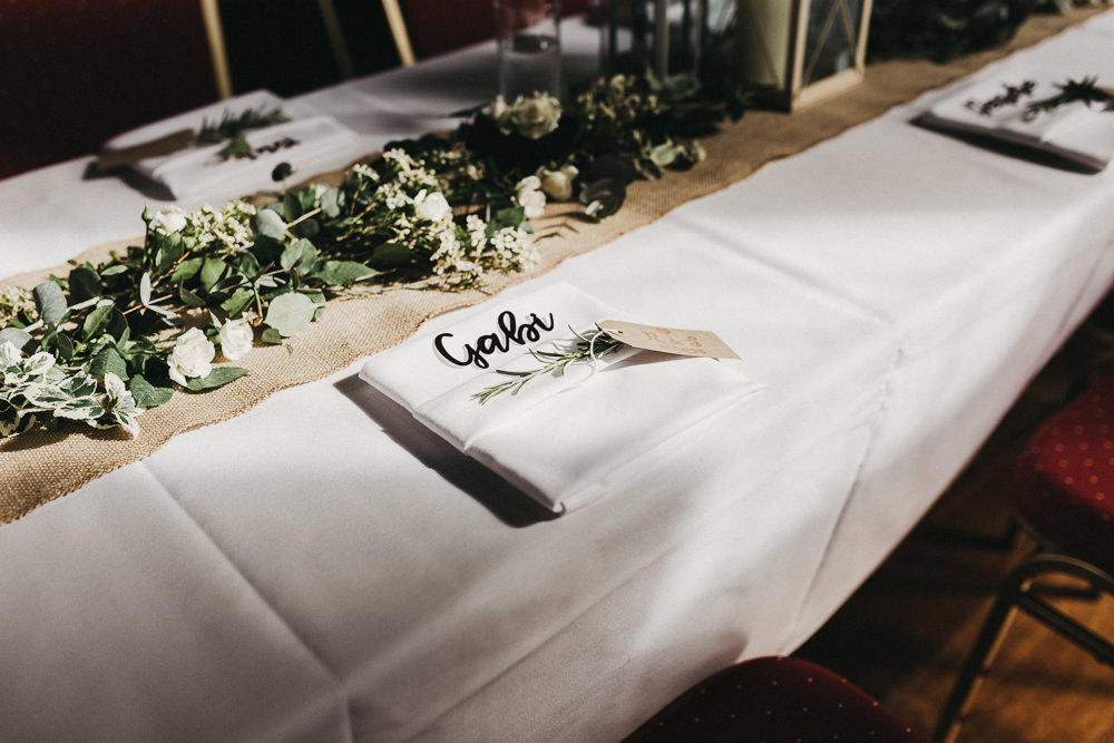 Table Setting Foliage Runner Hessian Rosemary Laser Cut Place Name Lympne Castle Wedding Kev Elkins Photography