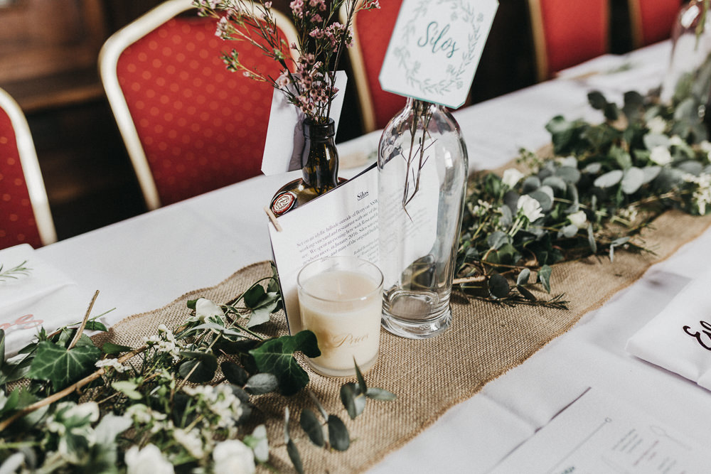 Hessian Runner Foliage Bottle Candles Lympne Castle Wedding Kev Elkins Photography