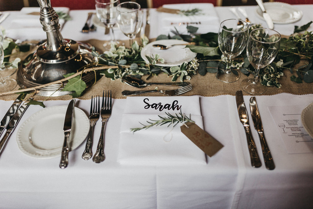 Hessian Runner Foliage Rosemary Luggage Tag Laser Cut Place Name Lympne Castle Wedding Kev Elkins Photography