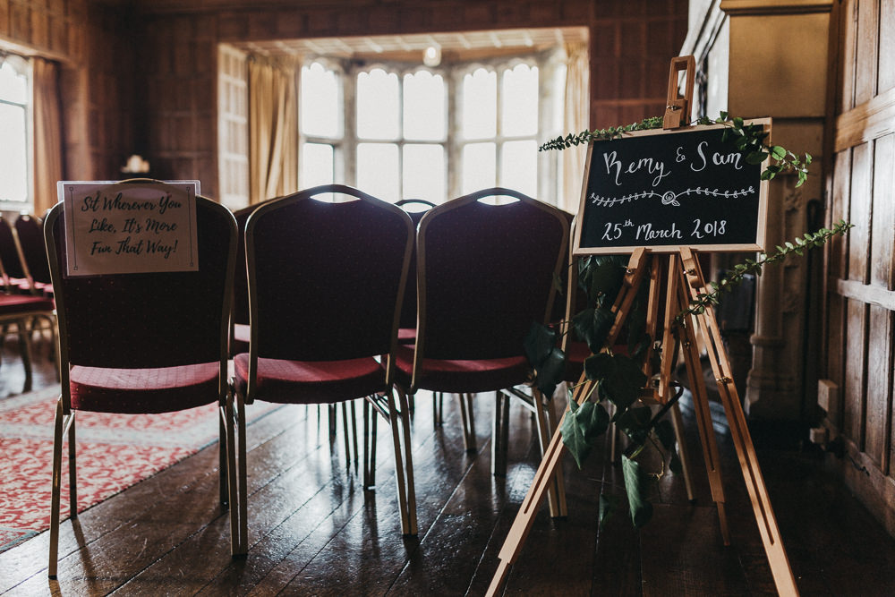 Welcome Sign Chalk Board Easel Foliage Modern Calligraphy Lympne Castle Wedding Kev Elkins Photography