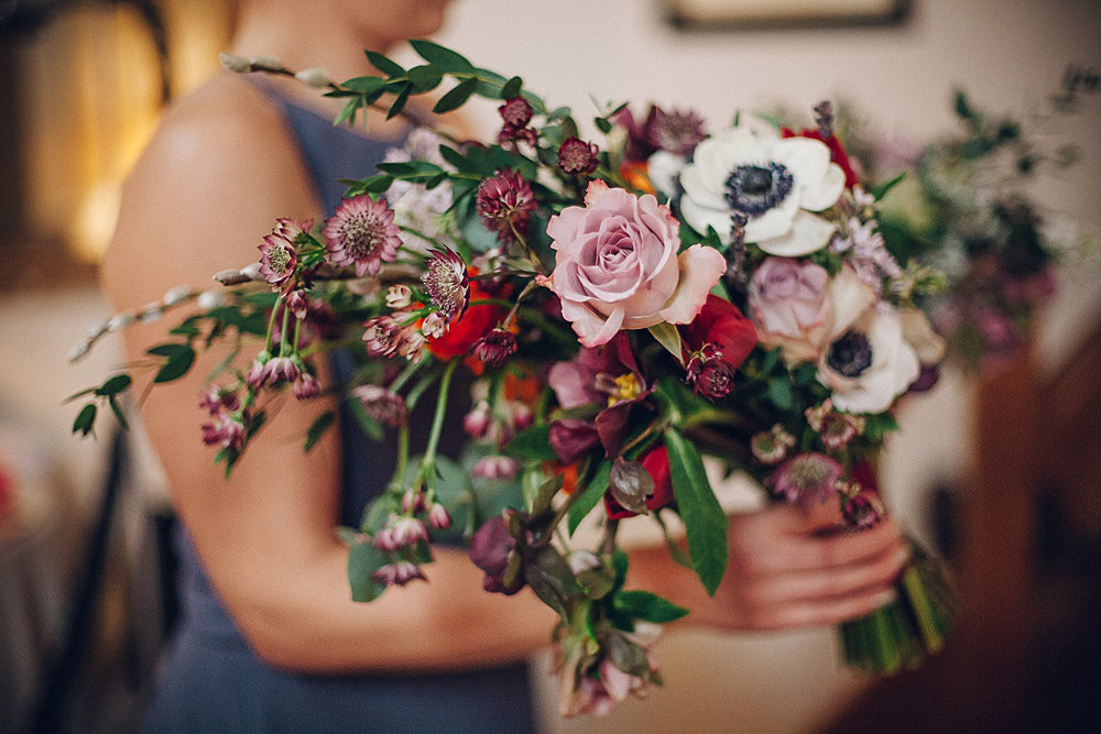 Bride Bridal Pink Rose Anemone Bouquet Merriscourt Barn Wedding Cotswolds Katie de Silva Photography