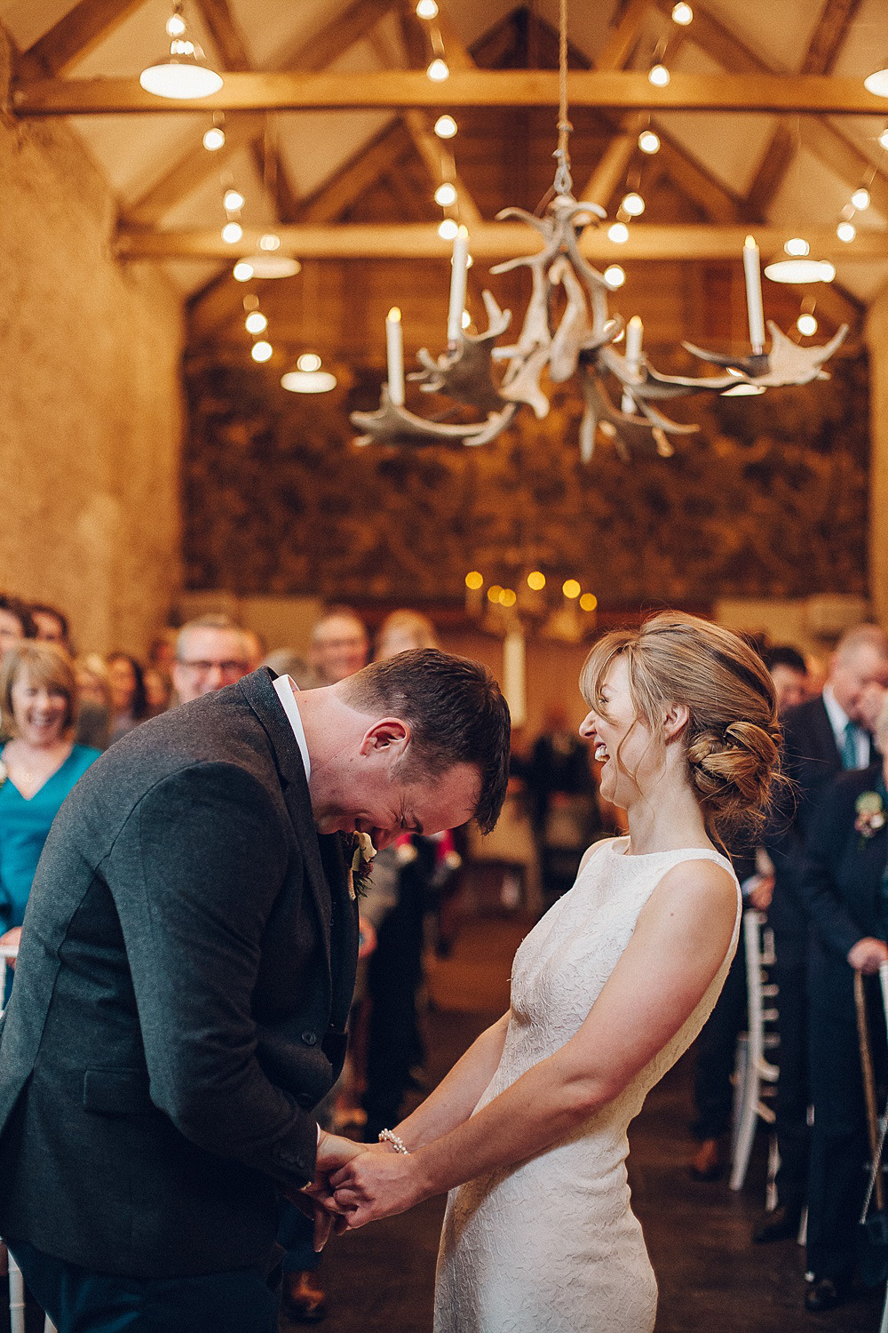 Bride Bridal Lace Boat Pronovias Neck Dress Tweed Groom Navy Merriscourt Barn Wedding Cotswolds Katie de Silva Photography