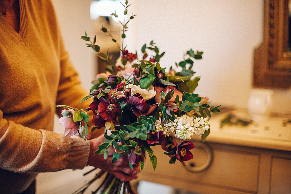 Bride Bridal Bridesmaids Bouquet Foliage Deep Red Flowers Merriscourt Barn Wedding Cotswolds Katie de Silva Photography