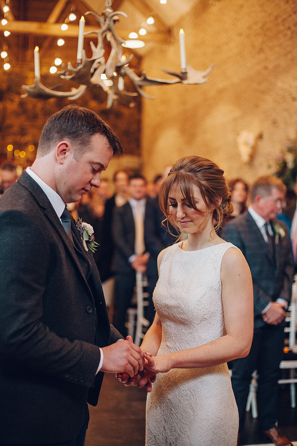 Bride Bridal Lace Boat Pronovias Neck Dress Tweed Groom Navy Merriscourt Barn Wedding Cotswolds Katie de Silva Photography
