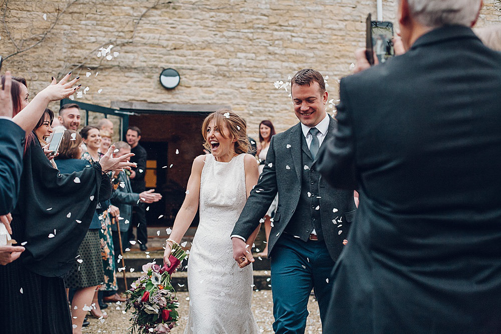 Bride Bridal Lace Boat Neck Cut Out Back Pronovias Dress Tweed Groom Confetti Merriscourt Barn Wedding Cotswolds Katie de Silva Photography