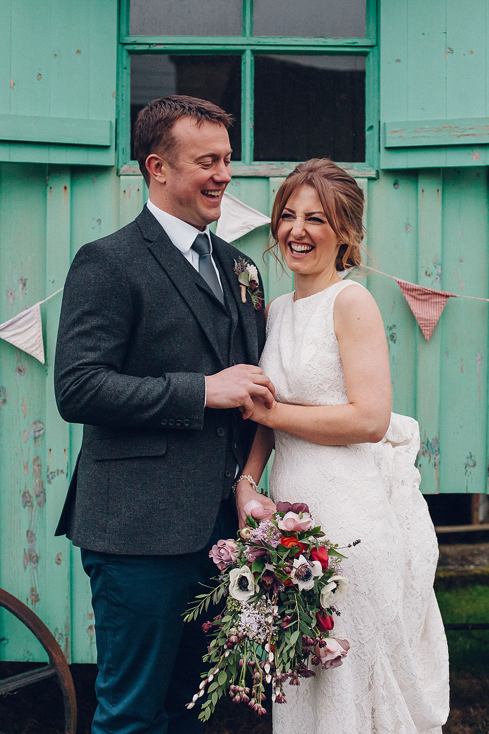 Bride Bridal Lace Boat Neck Cut Out Back Pronovias Dress Tweed Groom Bouquet Anemone Merriscourt Barn Wedding Cotswolds Katie de Silva Photography