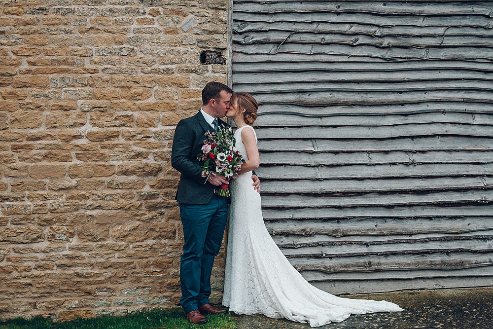 Bride Bridal Lace Boat Neck Cut Out Back Pronovias Dress Tweed Groom Bouquet Merriscourt Barn Wedding Cotswolds Katie de Silva Photography