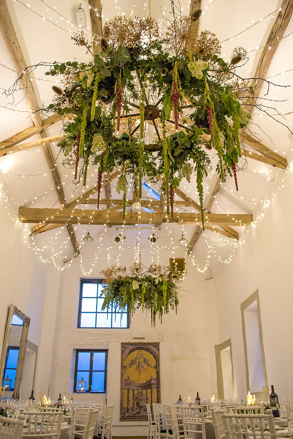 Foliage Chandelier Pea Light Fairy Lights Merriscourt Barn Wedding Cotswolds Katie de Silva Photography