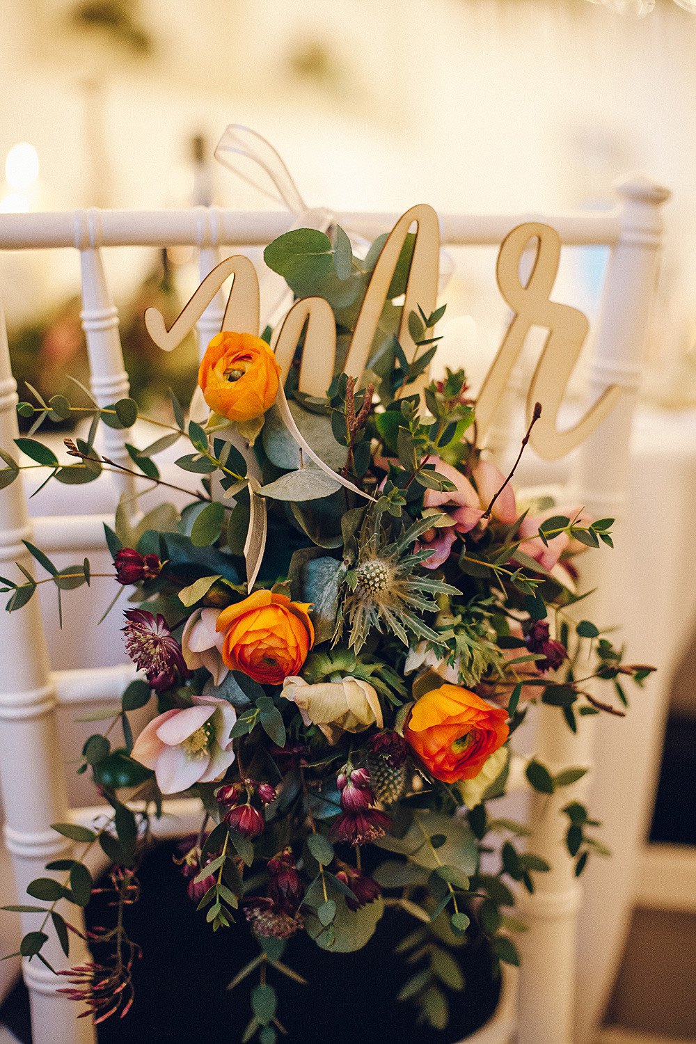 Mr & Mrs Chair Back Sign Laser Cut Wood Floral Flowers Foliage Merriscourt Barn Wedding Cotswolds Katie de Silva Photography