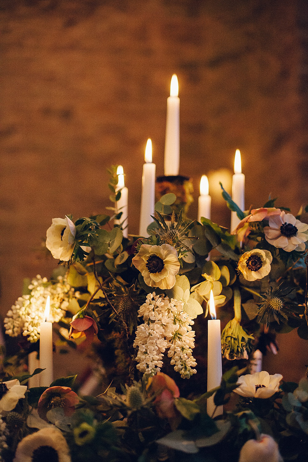 Floral Flowers Candle Candlelight Merriscourt Barn Wedding Cotswolds Katie de Silva Photography