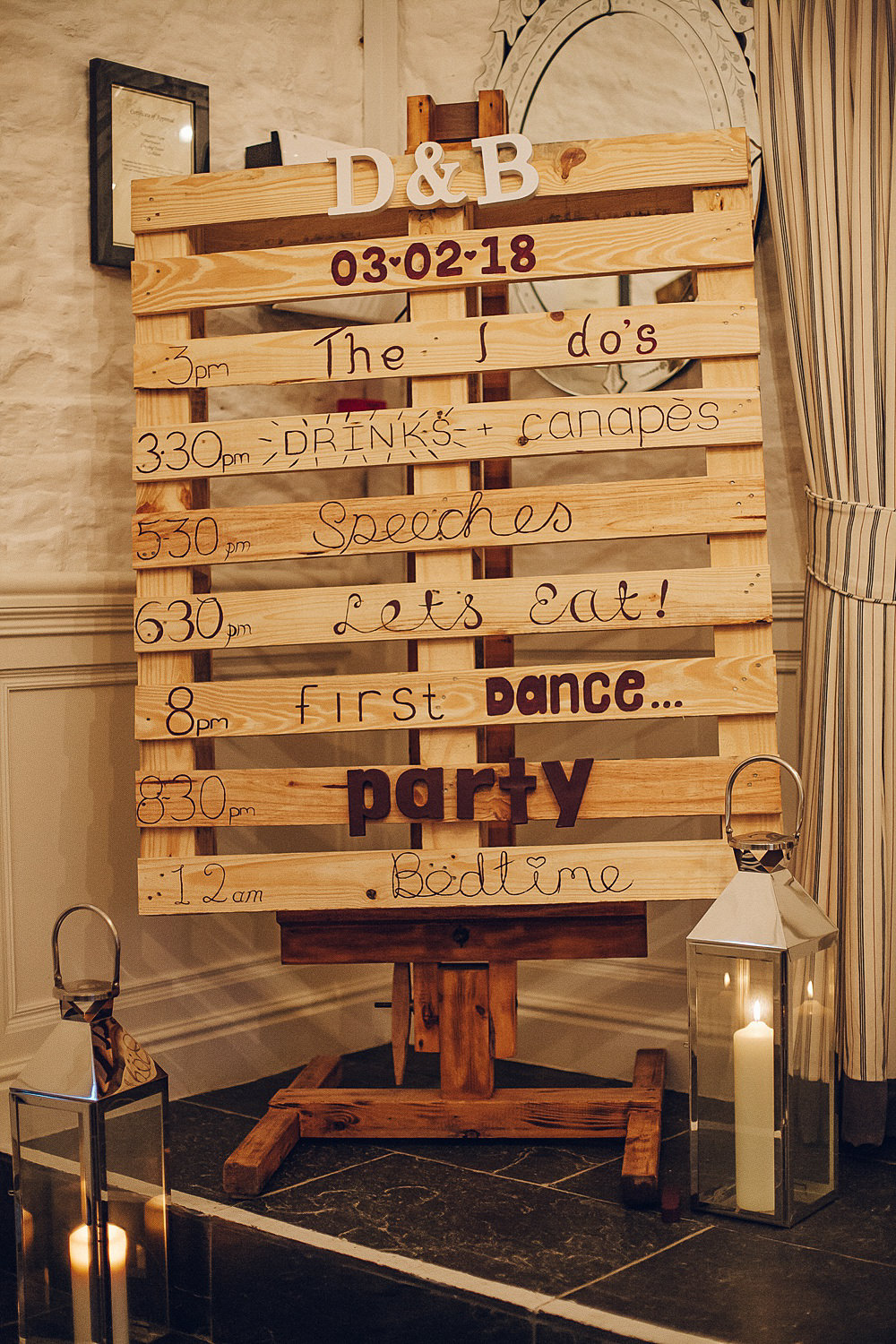 Pallet Sign Order of Day Rustic Merriscourt Barn Wedding Cotswolds Katie de Silva Photography