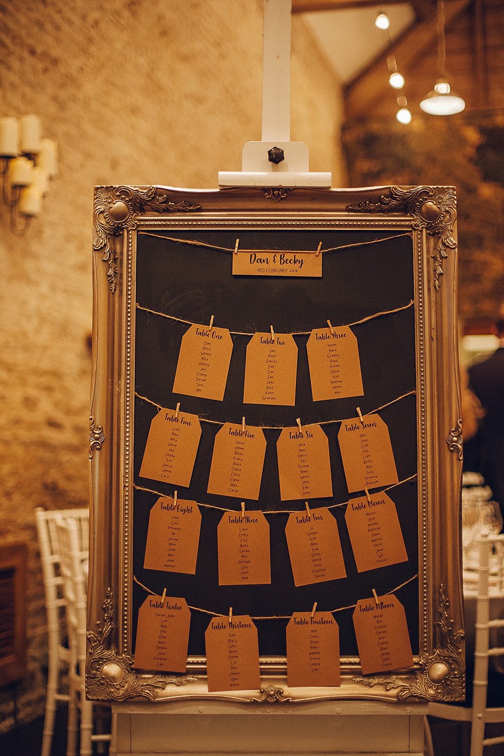 Table Plan Seating Chart Twine Luggage Tags Gold Frame Merriscourt Barn Wedding Cotswolds Katie de Silva Photography