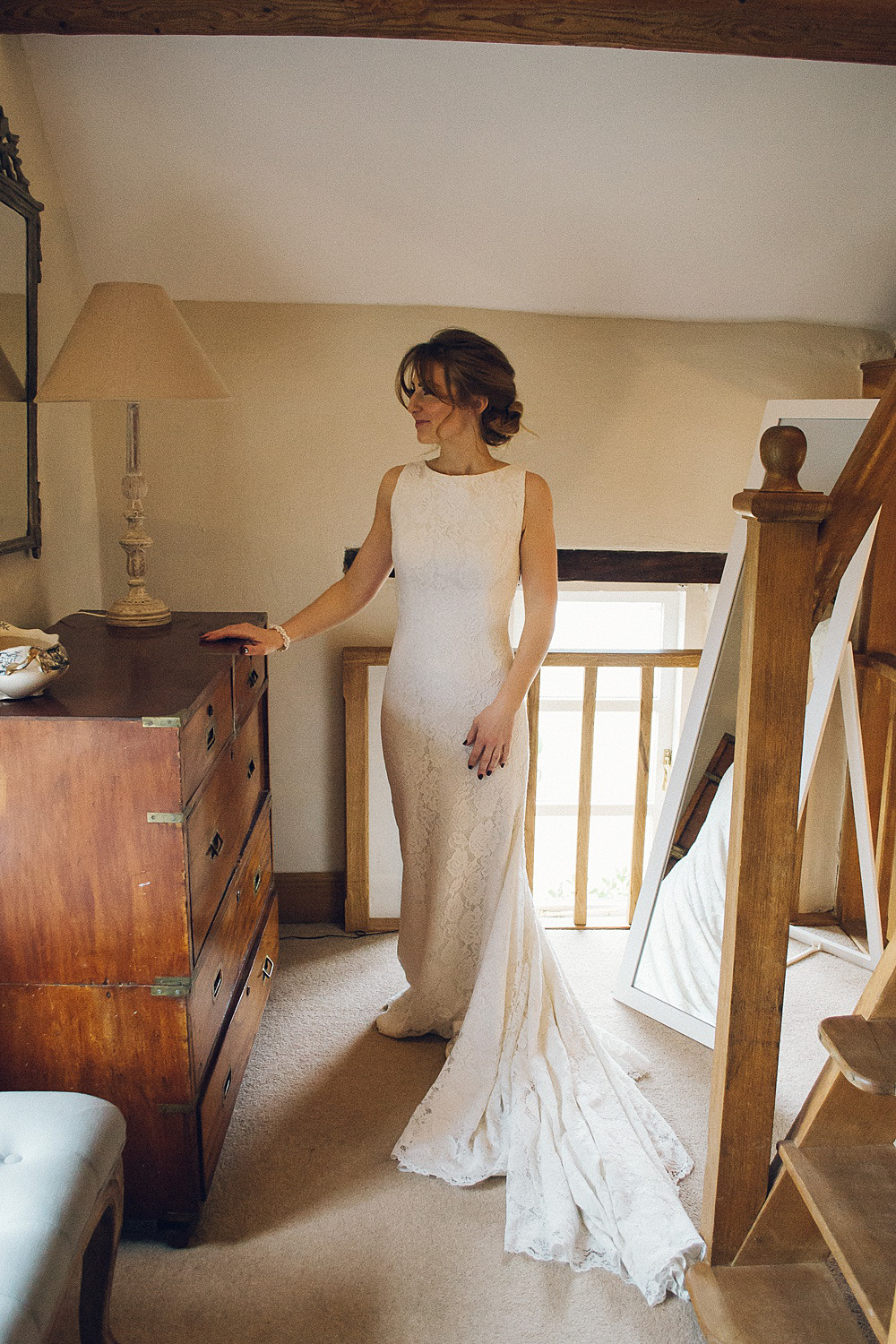Bride Bridal Lace Boat Neck Dress Pronovias Merriscourt Barn Wedding Cotswolds Katie de Silva Photography