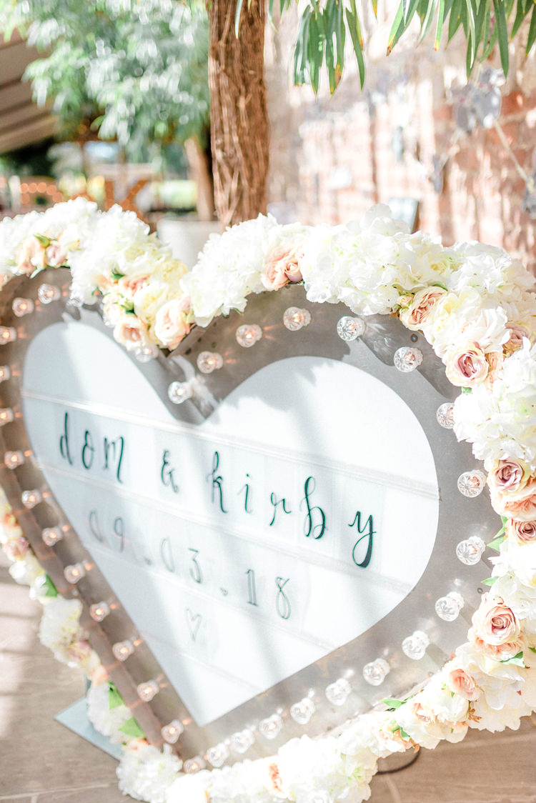 Love Heart Sign Light Flowers Newton Hall Wedding Sarah-Jane Ethan Photography