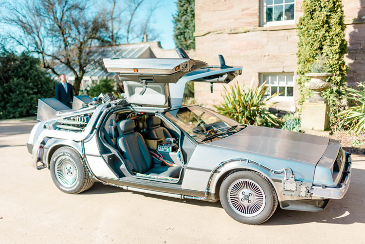 Back To The Future Car Transport Newton Hall Wedding Sarah-Jane Ethan Photography