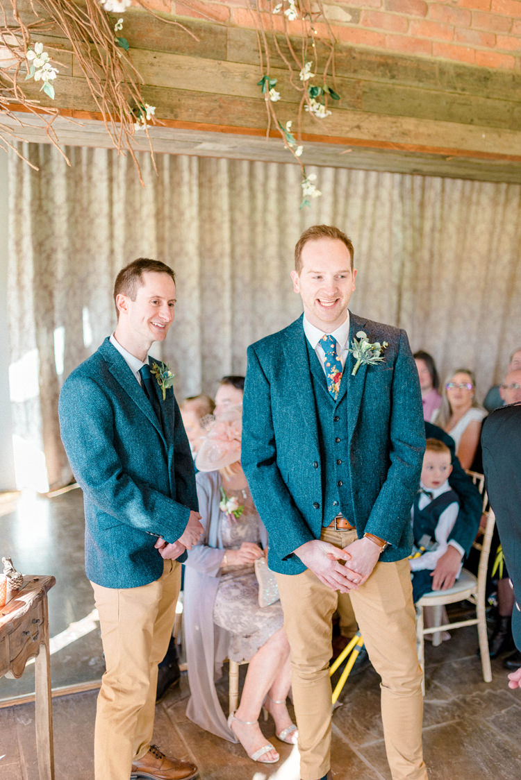 Groom Suit Blue Tweed Jacket Waistcoat Chonos Brown Floral Tie Newton Hall Wedding Sarah-Jane Ethan Photography