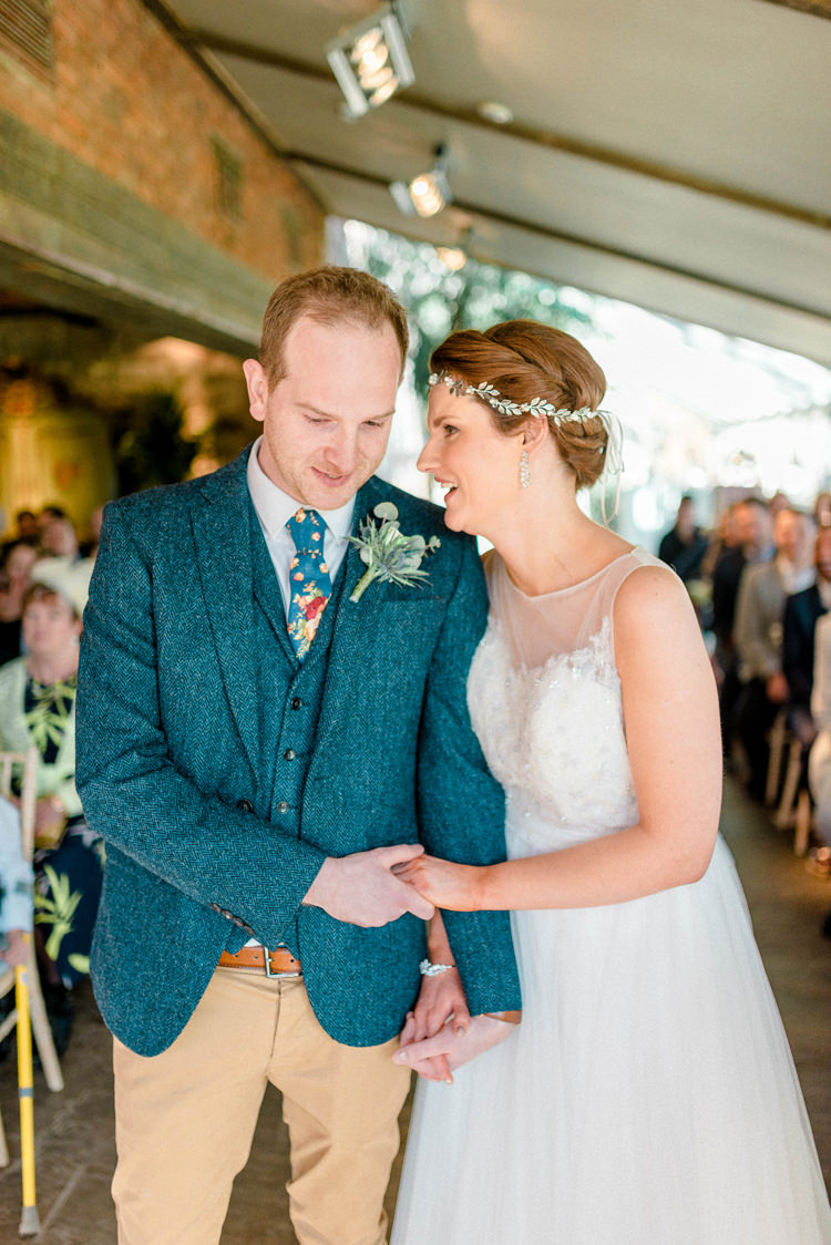 Groom Suit Blue Tweed Jacket Waistcoat Chonos Brown Floral Tie Newton Hall Wedding Sarah-Jane Ethan Photography