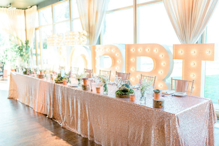Sequin Table Cloths Letter Lights Decor Flowers Tablescape Pink Newton Hall Wedding Sarah-Jane Ethan Photography